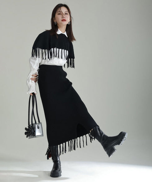 Fringe Knit Cape & Skirt Co-ord